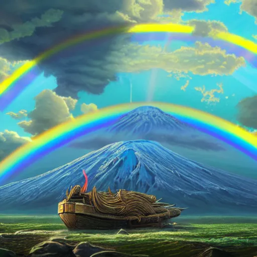 Prompt: a detailed matte painting of noah's ark, double rainbow in a clear blue sky, mount ararat, art by dan mumford and yusuke murata and makoto shinkai and ross tran, cosmic, heavenly, god rays, intricate detail, cinematic, 8 k, cel shaded, unreal engine, featured on artstation, pixiv