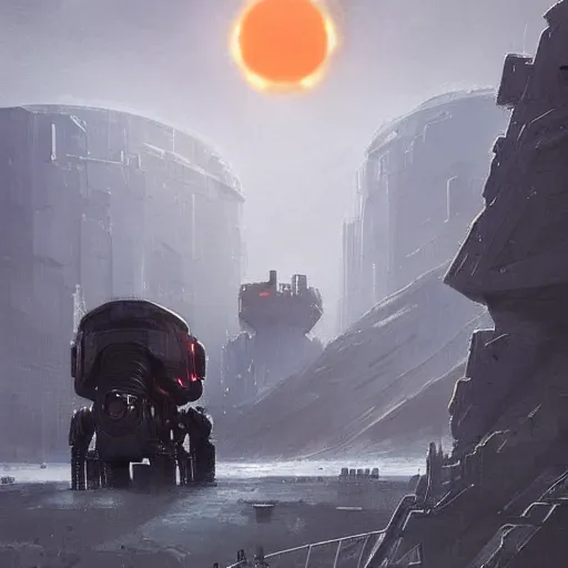 Image similar to scifi art by Greg Rutkowski, a heavy shuttle that is shaped like a brutalist-looking high tech lobster, in the background, the distant silhouettes of a brutalist-looking planetary colony, hostile and desolate landscape, orange ambient light, detailed and intricate environment, high technology, digital painting, artstation, concept art, smooth, sharp foccus ilustration, Artstation HQ.