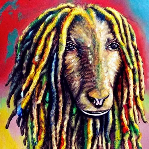 Image similar to a beautiful painting of a bob Marley sheep, Rastafarian, dreadlocks