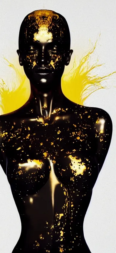 Image similar to perfect female body silhouette, liquid sculpture, astral clockwork, abstract shapes, photorealism, beautiful portrait, golden and black latex mixture, black ink