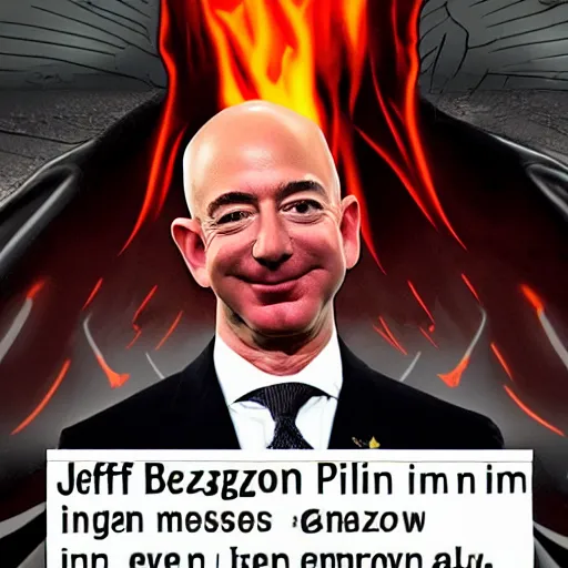 Image similar to Jeff Bezos as villain. Emperor, evil grin. Fire in the background. Detailed face. Red eyes.