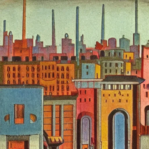 Prompt: by dora carrington defined. photograph. a cityscape. the different colors & shapes represent different parts of the city.