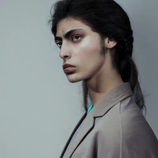 Prompt: a muted colors natural portrait photograph of a Iranian model, editorial story, i-D magazine , editorial photography