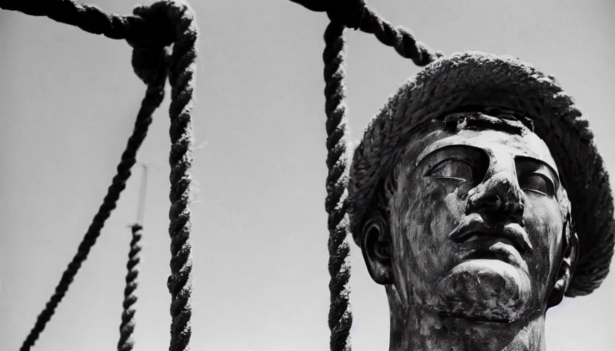 Image similar to 1 9 6 0 s movie still close - up of marcus atilius regulus'face tied with ropes at a pole with wide - open eyes looking directly at the burning sun, his eyes are bleeding intense, cinestill 8 0 0 t 3 5 mm b & w, high quality, heavy grain, high detail, texture, dramatic light