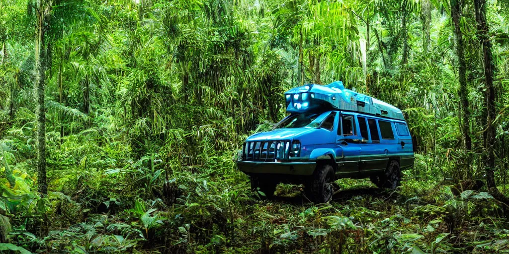 Image similar to avatar spaceship landing in the jungle, industrial maintenance shuttle vehicle, forest, jungle