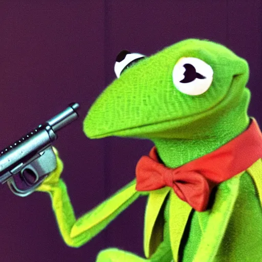 Prompt: kermit the frog with a gun in his hand