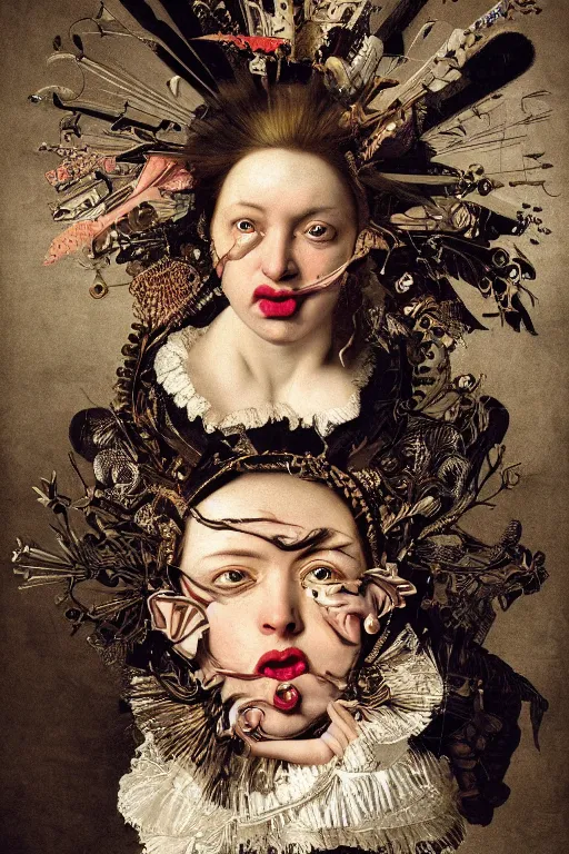 Image similar to Detailed maximalist portrait with large lips and with large eyes, angry, exasperated expression, HD mixed media, 3D collage, highly detailed and intricate illustration in the style of Caravaggio, dark art, baroque