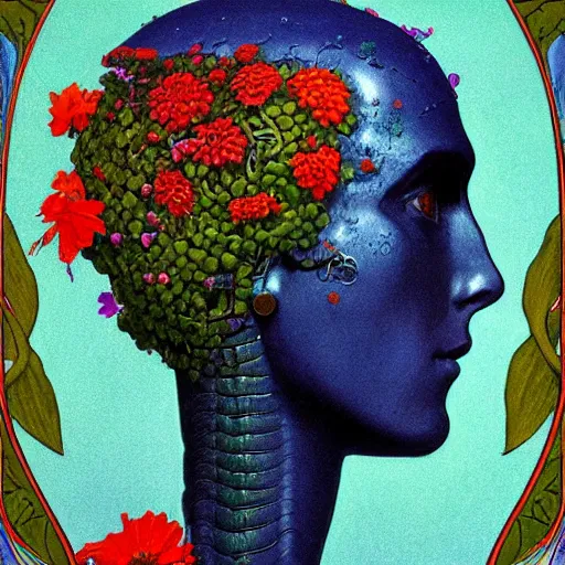 Image similar to A colorful, detailed print - A portrait of a robot with the top of its head composed of flowers and vines. by Arnold Bocklin and Barclay Shaw, masterful print. 4k, unreal engine stunning Art Nouveau