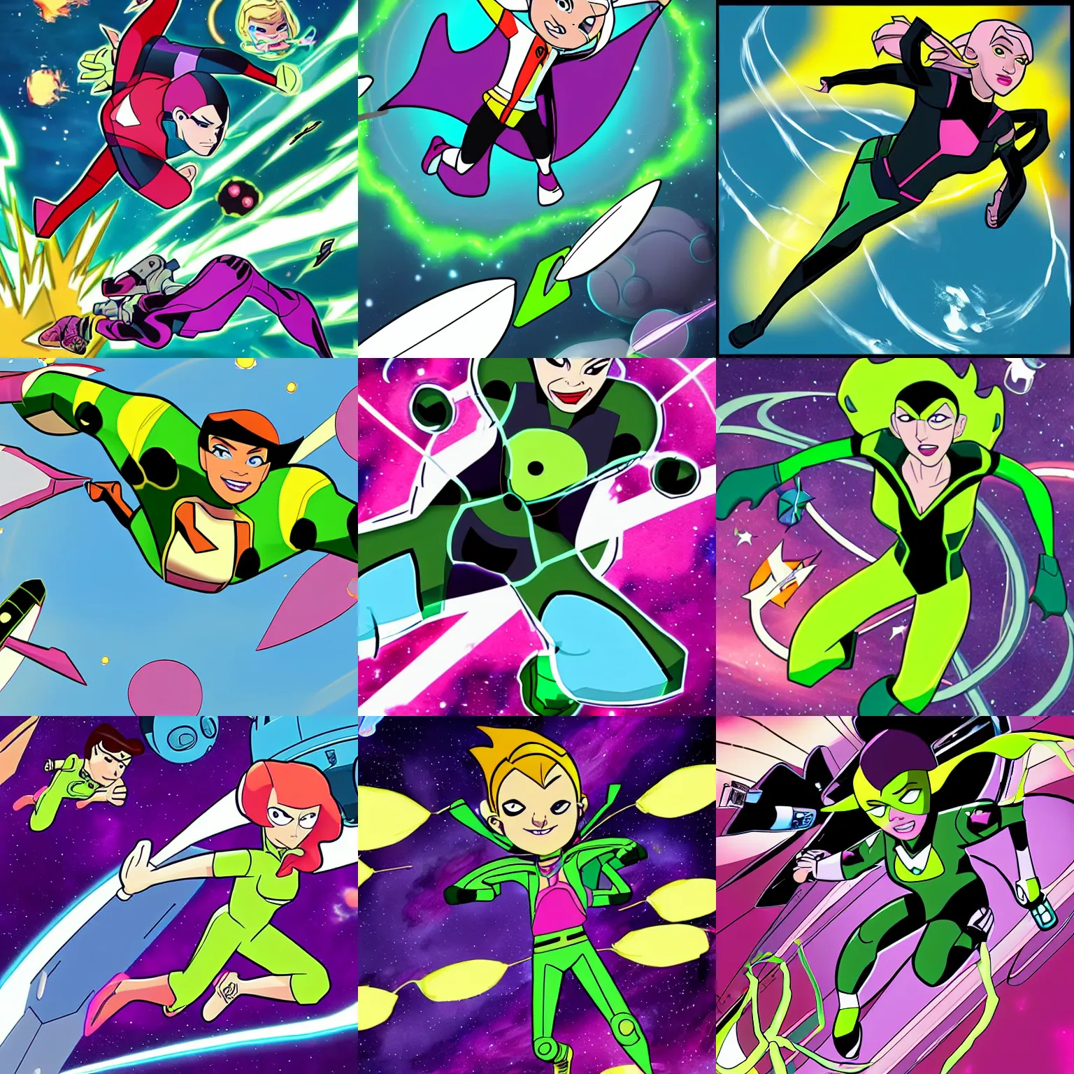 Prompt: Gwen from Ben10 flying in space