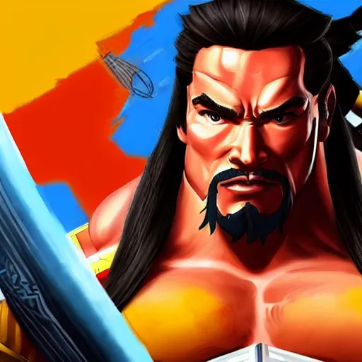 Image similar to a screenshot of arnold schwarzenegger as hanzo in overwatch