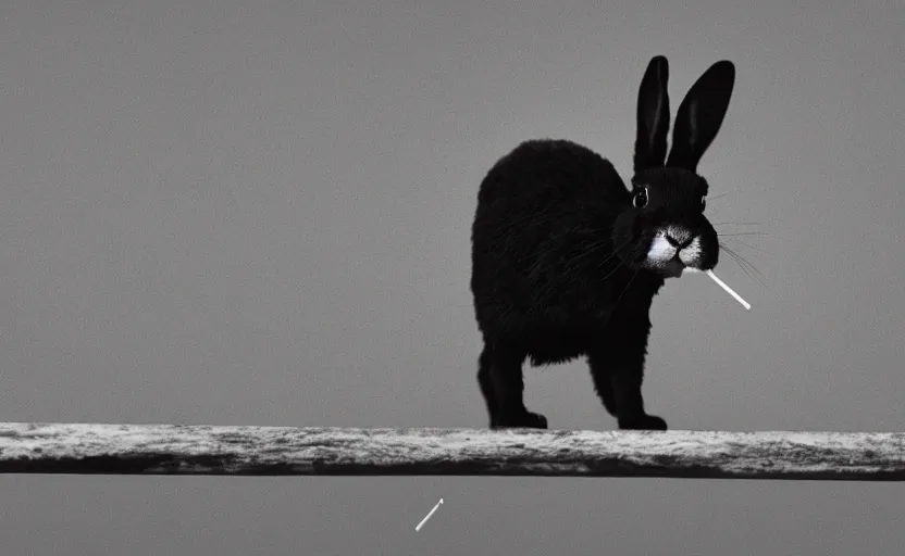 Image similar to a photo of a black bunny with white spots walking on a tightrope between the twin towers