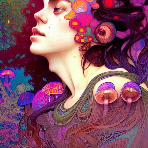 Image similar to A girl having an extremely colorful psychedelic experience, magic mushrooms, psilocybin, face, detailed, intricate, elegant, highly detailed, digital painting, artstation, concept art, smooth, sharp focus, illustration, art by Krenz Cushart and Artem Demura and alphonse mucha