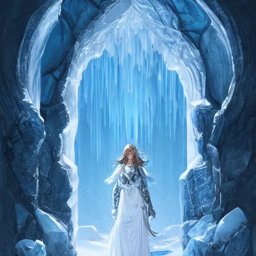 Image similar to ice princess standing in doorway to blue ice glacier fortress, fantasy, intricate, elegant, highly detailed, digital painting, artstation, concept art, matte, sharp focus, illustration, art by artgerm and greg rutkowski and alphonse mucha