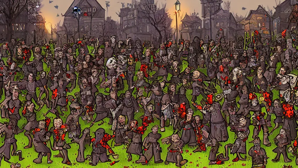 Prompt: hords of zombies flood the medival city, digital art by Jamey Jones,