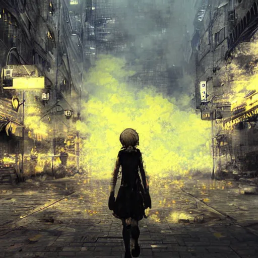 Image similar to post apocalyptic city, crying girl covered in yellow and blue smoke, by akihiko yoshida