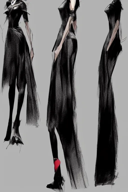 Image similar to dior haute couture dress, concept art, dark colors, high end fashion, style by yoji shinkawa, full body shot