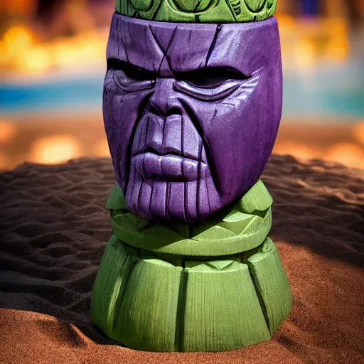 Image similar to a closeup photorealistic photograph of a thanos style tiki mug sitting at a trader vic's beach bar featuring the face of thanos. tiki party. bright scene. fine detail. this 4 k hd image is trending on artstation, featured on behance, well - rendered, extra crisp, features intricate detail, epic composition and the style of unreal engine.