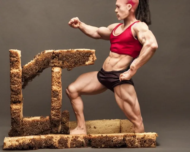 Image similar to human - cake hybrid, muscular arms, studio photography, humanoid cake