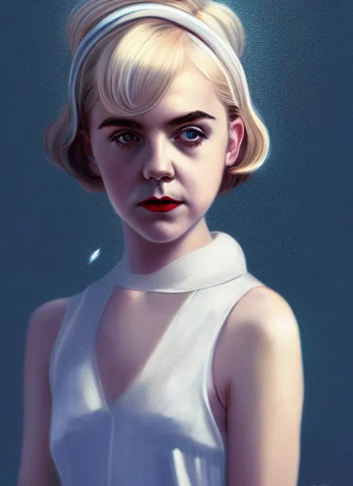 Prompt: portrait of kiernan shipka as sabrina spellman, freckles, white hair, 1 9 6 0 s bob hairstyle, hairstyle with bangs, hairband, intricate, elegant, glowing lights, highly detailed, digital painting, artstation, concept art, smooth, sharp focus, illustration, art by wlop, mars ravelo and greg rutkowski