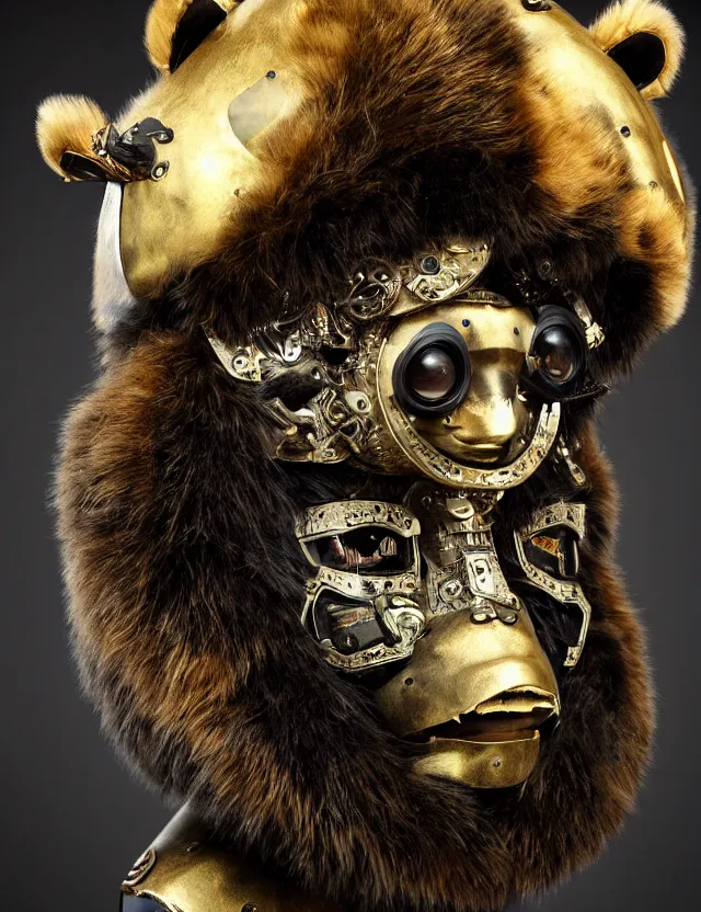 Image similar to 3 d black god wide angle portrait with bear skin and fur. beautiful intricately detailed avante garde bear mask and cybernetic outfit. ecodelic symbiosis, polyphonic communication, pulse projections, shipibo patterns, plasma, creature, artwork by tooth wu and android jones wlop and android jones and beeple and greg rutkowski