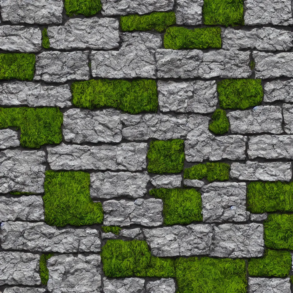 Prompt: high quality 4 k texture of moss in between cobble stone, white and grey bricks, castle wall, aged and rustic finish, blender design assets, 3 d, photo - realostic, high poly, 3 0 0 dpi, 8 k render, ue marketplace, unreal engine 5, volumetric lighting, realistic shadows,