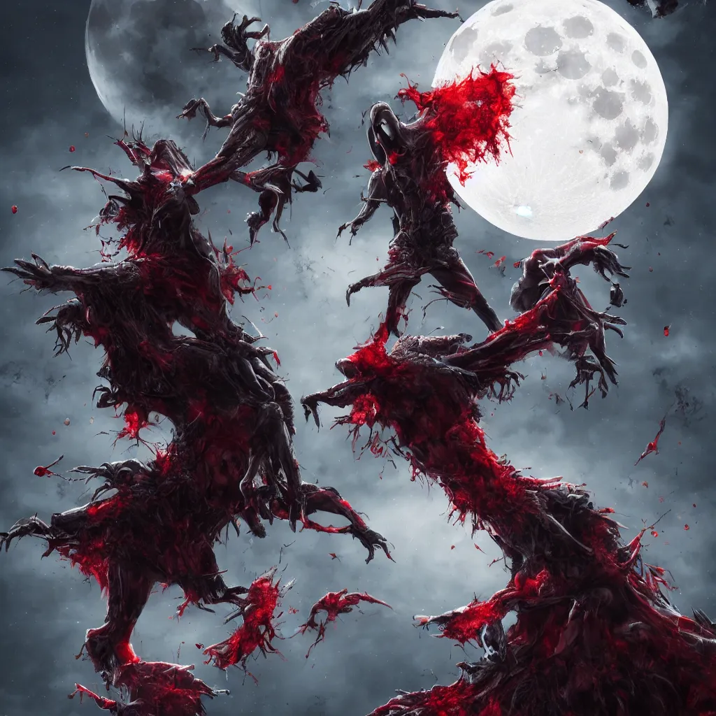 Prompt: bloody and menacing vampire opening its mouthx and baring its fangs under the moon with vapor in twilight, darkart, hyperdetailed, hyperealistic, cinematography, 8k,beautiful,Artstation, beautiful