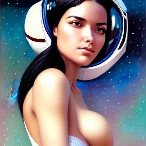 Image similar to a portrait of a very beautiful woman in a spacesuit, Alexandria\'s genesis, shoulder-length black hair, bored, illustration, soft lighting, soft details, painting oil on canvas by mark arian by artgerm, trending on artstation, 4k, 8k, HD