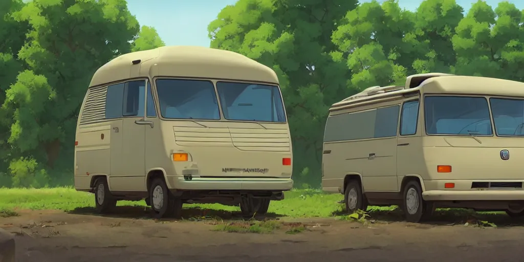 Prompt: a wholesome animation key shot of one!! focused!! 1 9 9 4 fiat hymer!! motorhome in the! romanian! countryside, medium shot, studio ghibli, ( pixar ) and disney animation, sharp, very detailed, high resolution, rendered in unreal engine 5, anime key art by greg rutkowski, bloom, dramatic lighting