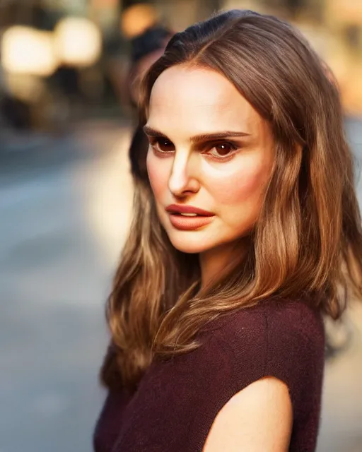 Image similar to Beautiful Head and shoulders portrait of confident flirty Natalie Portman with straight long brown hair, by Zoë Mozert , Stephen Wayda , alberto Vargas, arney freytag, artstation, 35mm, fashion photoshoot, posing in an urban street, golden hour, bokeh, rim lighting, fashion pose, octane, 4k