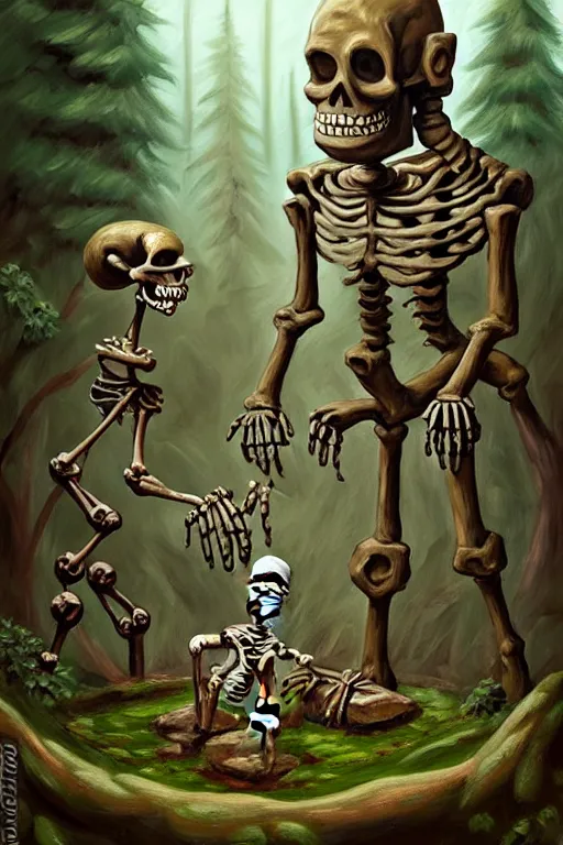 Prompt: classic oil painting, a golem made of sloppy clay, as a dnd character, standing next to a skeleton in the forest, cottagecore, highly detailed, digital illustration, concept art, smooth, sharp focus, art by r. l. stine