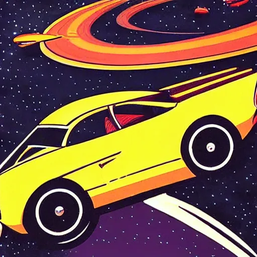 Image similar to retro - futurism, car in space