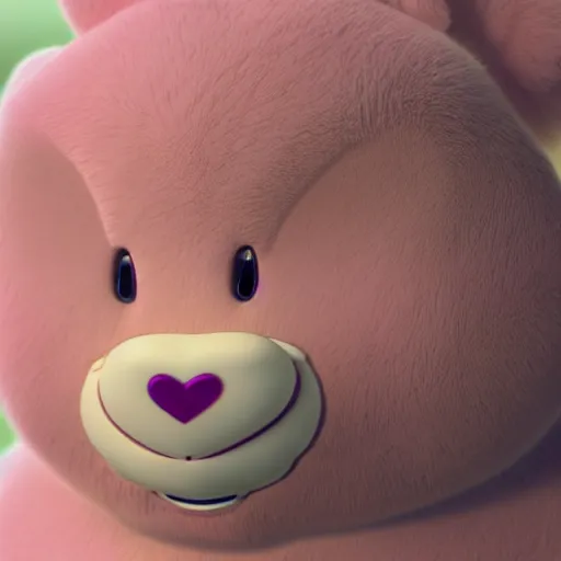 Image similar to hyperrealistic dslr film still of a heart care bear, stunning 8 k octane comprehensive 3 d render, inspired by istvan sandorfi & greg rutkowski & unreal engine, perfect symmetry, dim volumetric cinematic lighting, extremely hyper - detailed, extremely lifelike attributes & texture, intricate, masterpiece, artstation, stunning