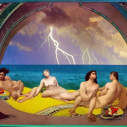 Prompt: The McDonald's Big Mac, extra toppics, mustard, pickles, ketchup, refracted sparkles, thunderstorm, greek pool, beach and Tropical vegetation on the background major arcana sky, by paul delaroche, alphonse mucha and arnold böcklin, hyperrealistic symmetrical 8k, award-winning, very very very detailed