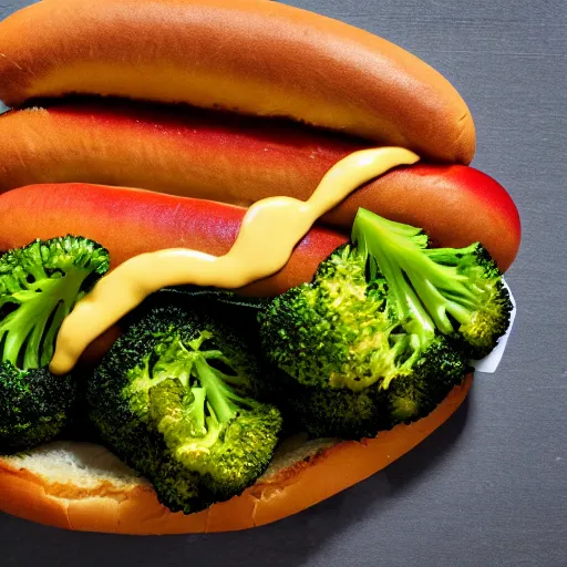 Prompt: photo shoot portrait of a delicious hot dog, broccoli and apple on top, mustard,