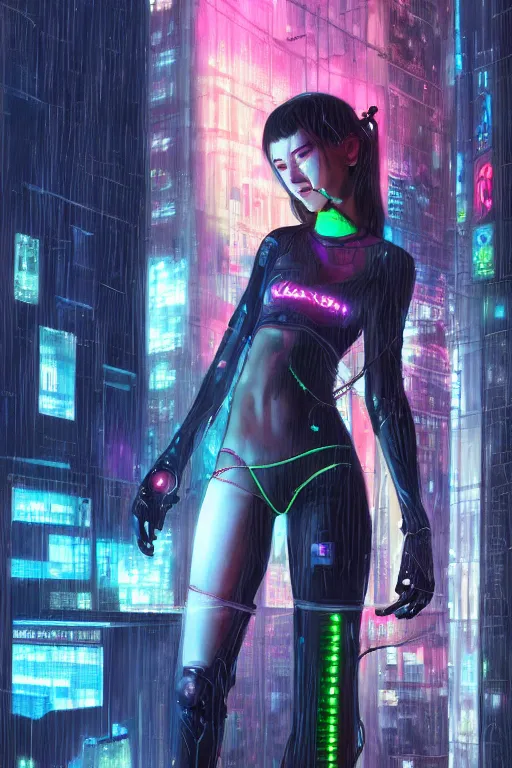Prompt: portrait futuristic hi-energy cyberpunk young Guardian female, in futuristic heavily raindrop tokyo rooftop cyberpunk night, ssci-fi, fantasy, intricate, very very beautiful, elegant, neon light, highly detailed, digital painting, concept art, human anatomy, soft light, hdri, smooth, sharp focus, illustration, art by tian zi and craig mullins and alphonse mucha and WLOP
