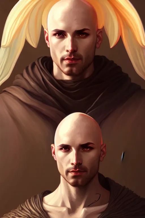 Image similar to bald male aasimar warlock portrait, highly detailed, digital painting, artstation, sharp focus, illustration, art by tan zi and ayanamikodon and alphonse mucha and wlop