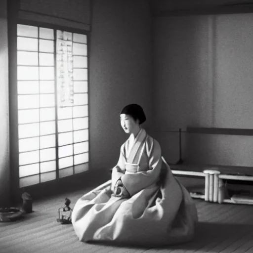 Image similar to woman in traditional hanbok waiting in living room while a giant Kaiju-eiga starfish is behind the window, 35mm film still, monochrome Wes Anderson and Fritz Lang