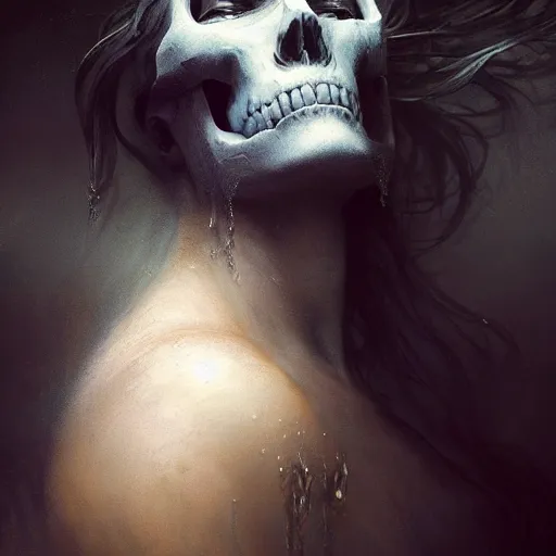 Image similar to epic portrait an woman with a skull face, wet flowing hair, sweaty skin, broad light, ambient occlusion, volumetric light effect, made by ivan aivazovsky, peter mohrbacher, greg rutkowski, hyperrealistic, hyperdetailed, matte painting, trending on artstation, 8 k, perfectly defined features, digital painting,