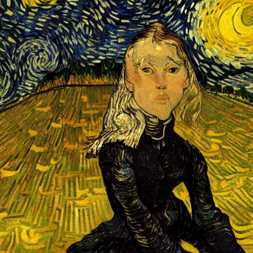 Image similar to a romantic girl with dark descending hair on the roof of the house in rotterdam looks at the stars, in the windows yellow light, wang gogh wrote