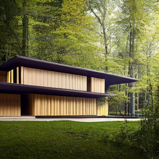 Image similar to architecture ad for a mid-century modern house in the middle of the wood designed by zaha hadid. grain, cinematic, colorized, yellow hue.