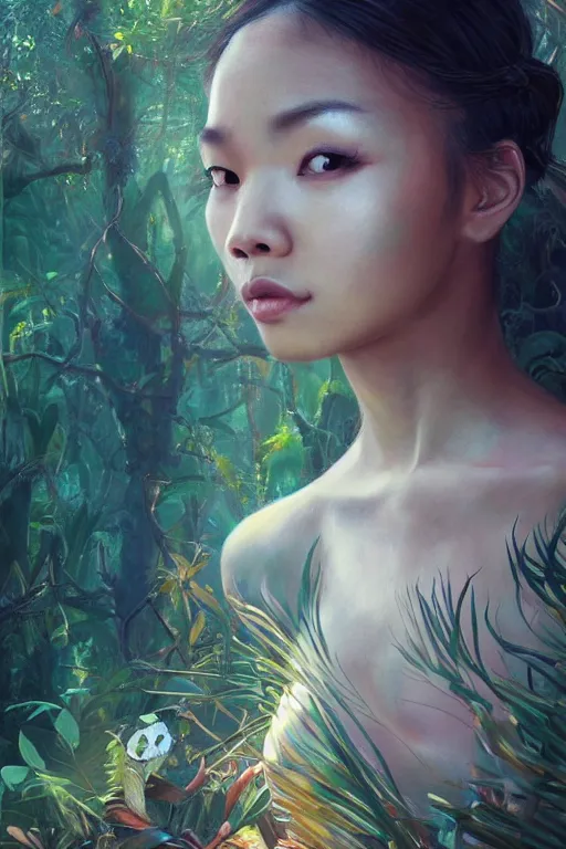 Image similar to stunningly beautiful, filipina prima ballerina in jungle, symmetrical face, golden hour, smooth, focus, highly detailed, hyper realistic, dramatic lighting, elegant, intricate, concept art, art by wlop, mars ravelo, greg rutowski, artstation