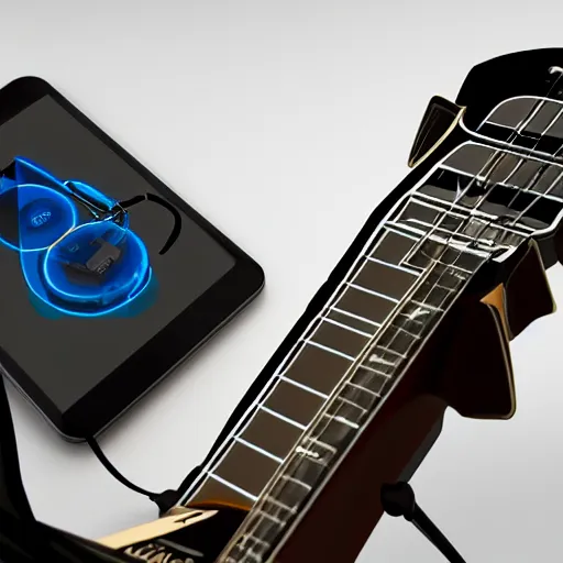 Image similar to beautiful futuristic electronic guitar high end concept, touch screen fretboard with animation, product design, dynamic lighting, high resolution, good focus