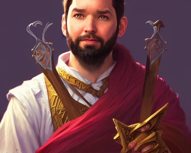 Image similar to a portrait of alexis ohanian as a wizard, handsome, deep focus, d & d, fantasy, intricate, elegant, highly detailed, digital painting, artstation, concept art, matte, sharp, illustration, hearthstone, art by artgerm and greg rutkowski and alphonse mucha