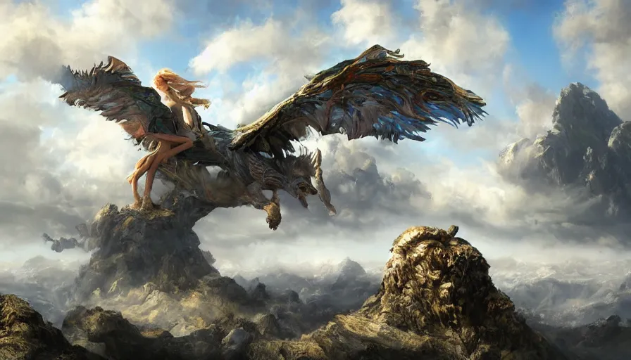 Image similar to excellent painted mythical creature in a surreal landscape in another dimension with fluffy clouds, painted by Hans Fredrik Gude, Greg Rutkowksi, Craig Mullins and Artgerm, concept art 2022, 4k, ultra realistic highly detailed oil painting