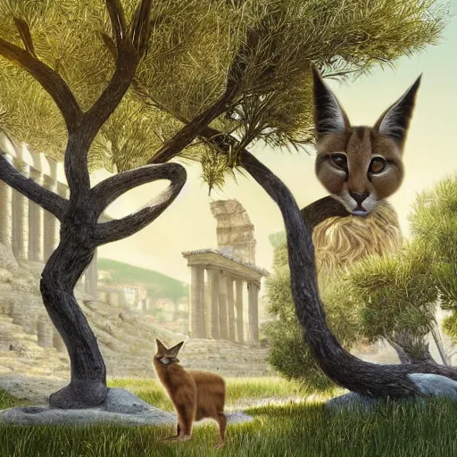 Prompt: cute fluffy caracal wearing toga, in ancient greek town, marble columns, olive trees, sunny, a beautiful landscape by gediminas pranckevicius