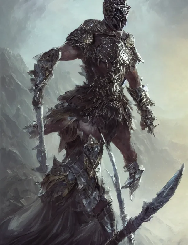 Image similar to masked warrior in crystalline diamond armour holding a diamond spear and standing on a hilltop, by frank fazetta and peter mohrbacher, trending on artstation, digital art, 4 k resolution, detailed, high quality, hq artwork, coherent, insane detail, concept art, character concept, character full body portrait