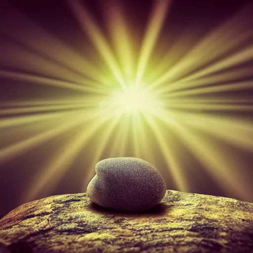 Image similar to a soulful concert as a small cute adorable pebble rock stone sings a lullaby before the heat death of the universe, wide shot, landscape, god rays, spot light, cinematic lighting, celestial, animism, so nice, so nice