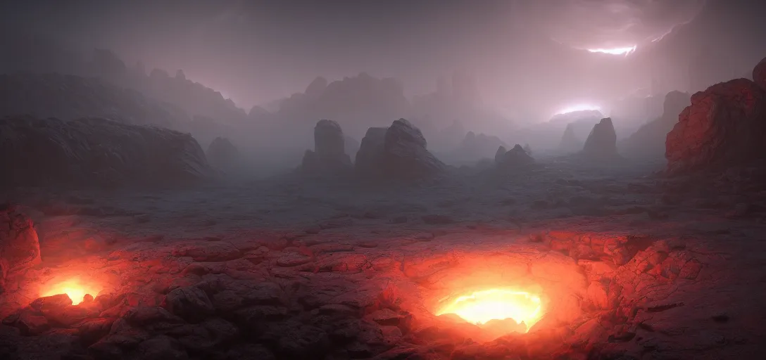 Image similar to dramatic view of empty rocky alien wasteland, demonic portal to hell, glowing fog, unreal engine, dramatic lighting, detailed, ambient occlusion, global illumination, god rays, 3 d artstation game concept render by greg rutowski and jessica rossier