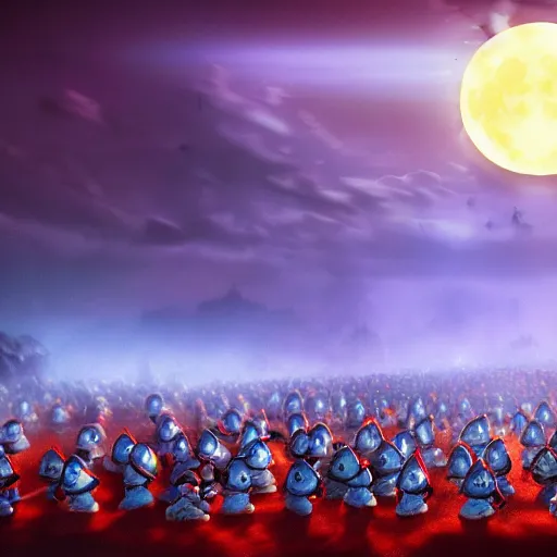 Prompt: epic battlefield of thousands of smurfs with medieval weapons battling, red moon shining golden red light hidden behind clouds, miniaturecore, supremely digital, medieval, unreal engine, super detailed, outstanding detail, dreamlike lighting, surrealistic lighting, god rays