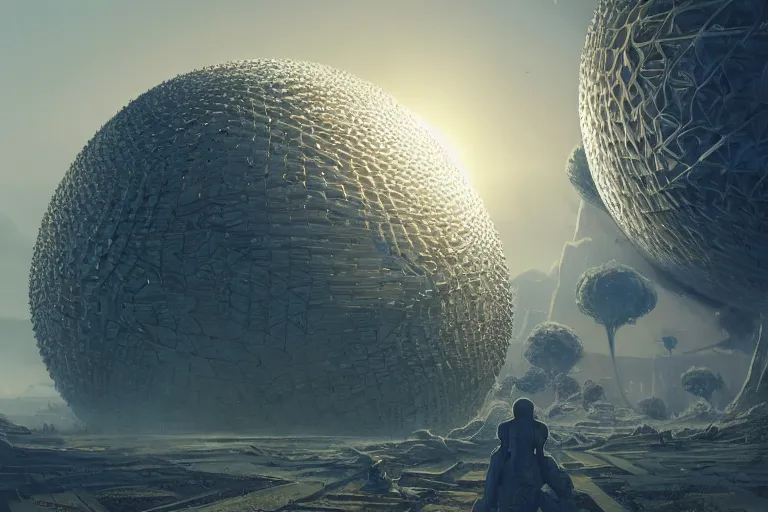 Image similar to A very highly detailed dyson sphere next to a very tiny and very highly detailed smooth Earth concept art by Greg Rutkowski, neofuturistic highly detailed, digital concept art, Dimensional cyan gold natural light, sharp focus, realistic concept art by Stephen Hickman and James Gurney and Hiromasa Ogura rendered in Octane Render, From the distance